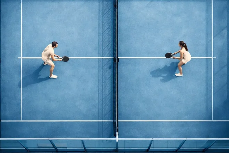 Overhead view of two players on a blue padel court