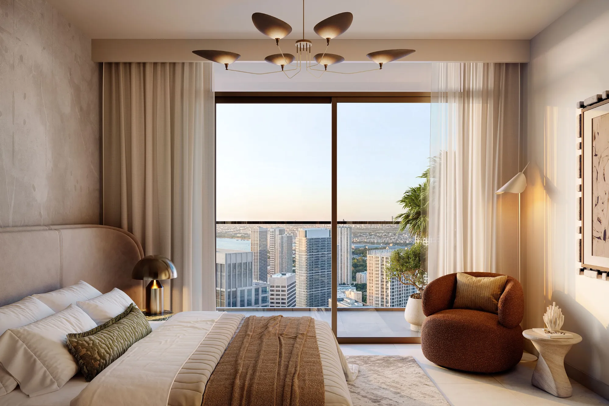 Calm bedroom with upholstered bed opening onto a balcony over city towers