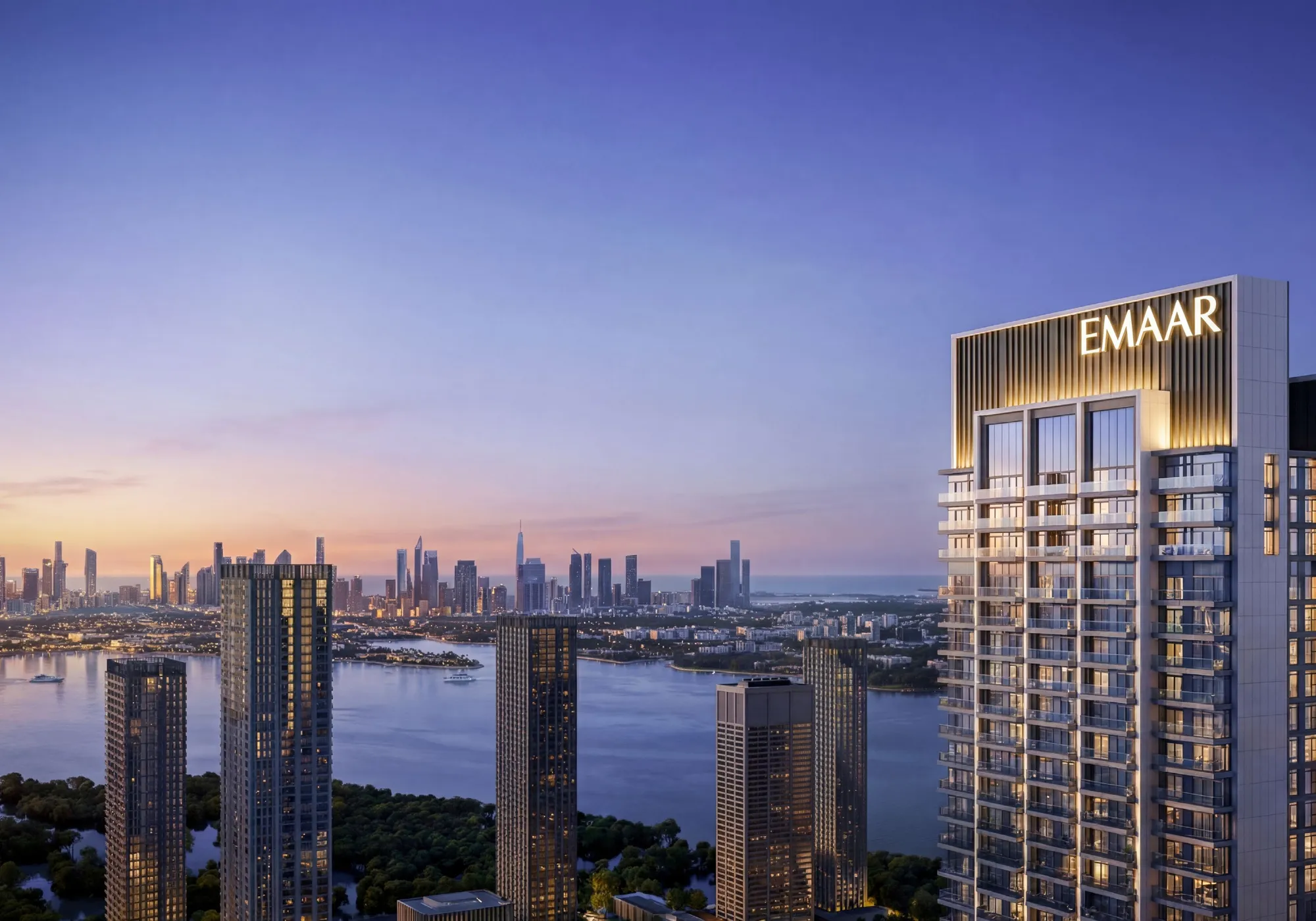 Aerial view of Dubai Creek Harbour towers, mangroves and water at dusk